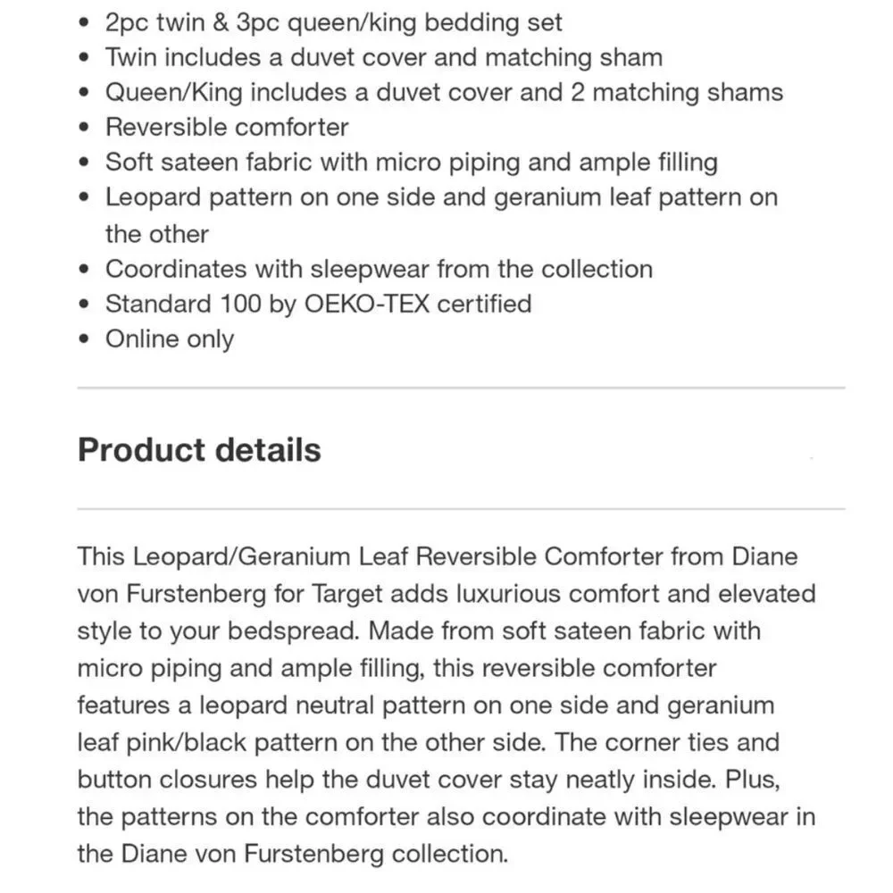 Diane von‎ Furstenberg x Target NEW Leopard & Geranium Leaf Reversible Comforter